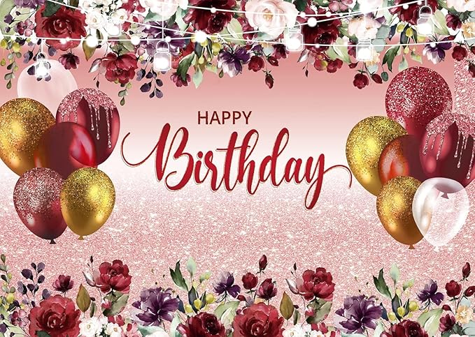 LTLYH 7x5ft Happy Birthday Decorations Women Girls Birthday Party Backdrop Glitter Pink Floral Party Banner Background Elegant Rose Gold Birthday Decorations Backdrop 178 ﻿