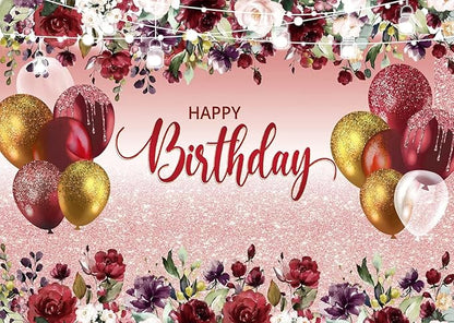 LTLYH Birthday Party Backdrop, 8x6ft, Red Flowers with Golden Glitter, Polyester, Decoration Banner, Photography Background, Birthday Party Supplies