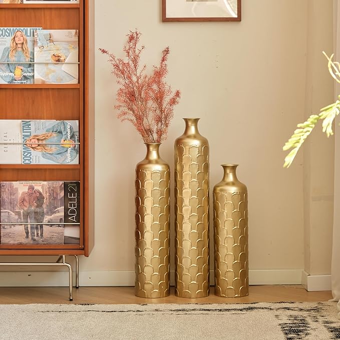 Floor Oversized Gold Metal Decorative Vase with 3D Triangle Pattern Set of 3 Large Vases for Home Living Room 33.5 ", 29.5 ", 25.2" High (Gold)