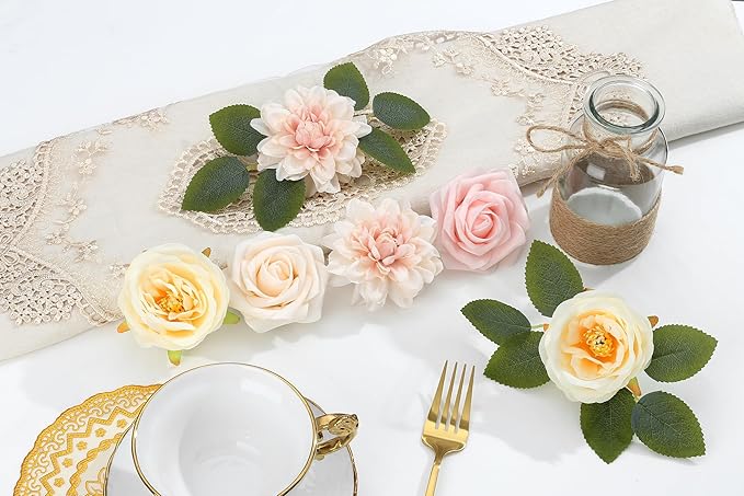SITUMEIZI Roses Artificial Flowers Combo Champagne Flowers Silk Foam Flowers with Stems for DIY Bridal Wedding Bouquet Baby Shower Party Home Decor Floral Arrangements 24pcs