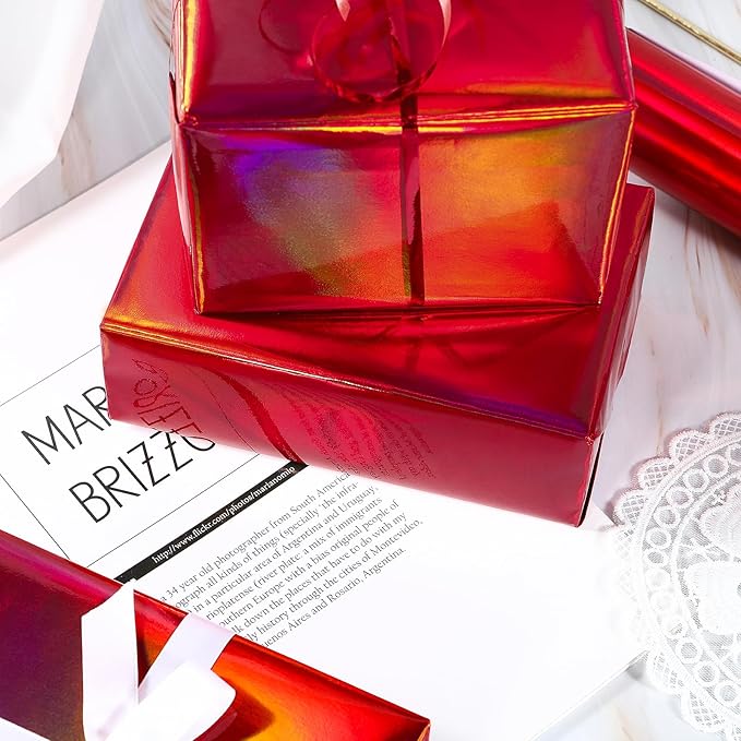 LeZakaa Red Wrapping Paper Roll - Holographic Iridescent Wrapping Paper for Birthday, Chritsmas, Holiday - 17 inches x 32.8 Feet (47.23 sq.ft.)