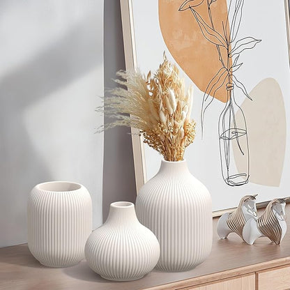 White Ceramic Vases Set of 3, Modern Minimalist Ribbed Vases for Centerpiece, Home Office Shelf Decor, Farmhouse Kitchen Bathroom Bedroom Living Room Decor
