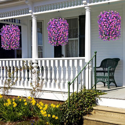 Artificial Fake Hanging Flowers with Basket for Outdoor Decoration,UV Resistant Faux Silk Daisy Flowers Dark Purple and Fuchsia Orchid Vines in Planter Realistic Hanging Baskets for Home Porch Garden