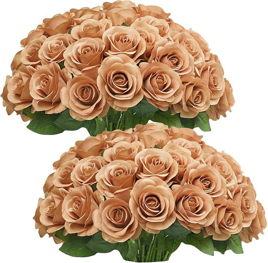 50pcs Roses Artificial Flowers Terracotta Fake Roses Flowers with Long Stems Silk Flowers for Wedding Bouquet Centerpices Decorations Party Bridal Baby Shower Home Decor
