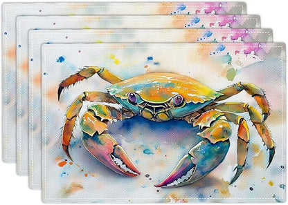 Sea Beach Theme PlaceMats Set of 4 Ocean Crab Pictures Print Washable Placemats Marine Life Animal Table Mats Teal Blue Scratch Proof Table Mats for Kitchen Decor Dinner 4 PCS