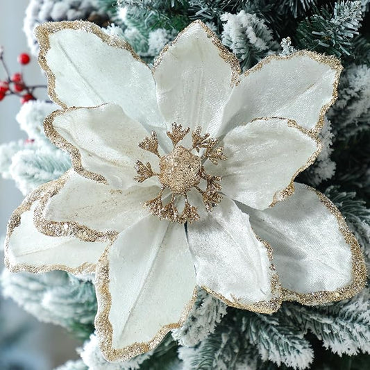 8 Pcs Large Christmas Flower Magnolia Flowers Christmas Tree Decoration Artificial Poinsettia Stems Velvet Xmas Ornaments for Xmas Tree Table Decor(White,12 Inch)