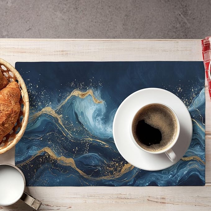 Abstract Blue Wave Placemats Set of 4, Sea Navy Double-Sided Table Mats for Kitchen Home Party Indoor Decor 4 PCS