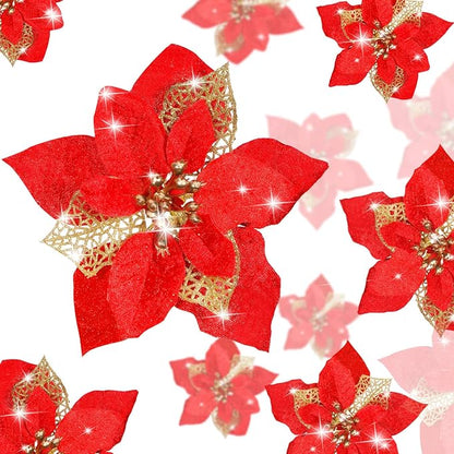 WILLBOND 36 Pieces Christmas Poinsettia Glitter Faux Flowers Christmas Artificial Flowers Tree Ornaments Topper Xmas Decorations(Red)