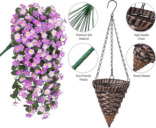 HyeFlora Artificial Fake Hanging Flowers with Basket for Outdoor Decoration,UV Resistant Faux Silk Daisy Flowers Light Fuchsia Orchid Vines in Planter Realistic Hanging Baskets for Home Porch Garden