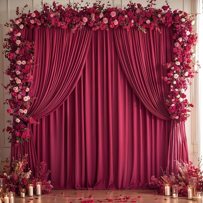 Burgundy Backdrop Curtain 10 Panels-Wrinkle-Free Burgundy Curtains Polyester Photography Drapes for Baby Shower Birthday Party Photo Background Backdrop Stand- 40 X10FT
