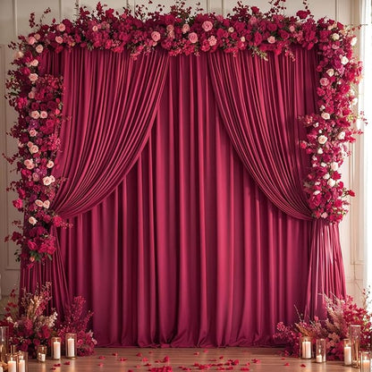 Burgundy Backdrop Curtain 10 Panels-Wrinkle-Free Burgundy Curtains Polyester Photography Drapes for Baby Shower Birthday Party Photo Background Backdrop Stand- 40 X10FT
