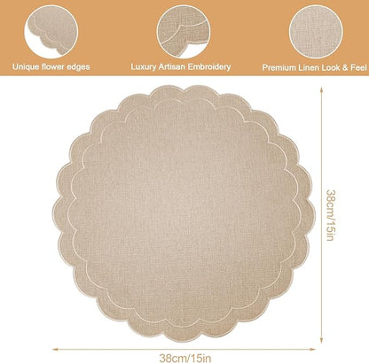 Set of 6 Cotton Linen Placemats, 15 Inch Linen Color Scalloped Flower Embroidery Cloth Table Mats Double Layered Fabric Machine Washable Wrinkle Free Dining Placemat for Hotel Restaurant Kitchen