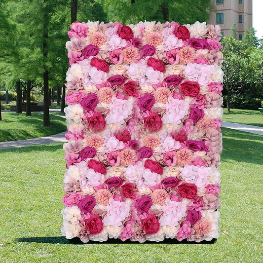 6PCs Floral Backdrop, Realistic Silk Rose Wall, 23.6 * 15.7 in Artificial Flower Wall Decor for Wedding, Home Decor (Fuchsia)