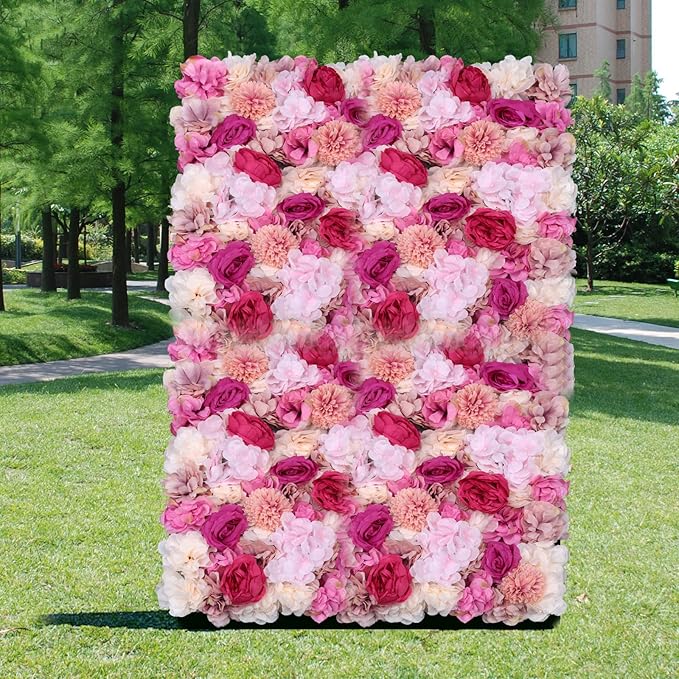 6 Pcs Flower Wall Panels, 23.6"x15.7" Artificial Flower Wall Backdrop Fuchsia Floral Panel with 3D Rose, Dahlia, Peony, Chrysanthemum for Wedding Party Nursery Home Decor