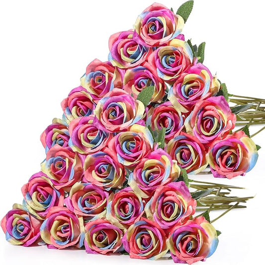 Hotop 40 Pcs Rose Artificial Flowers Bulk with Long Stem,Realistic Silk Fake Roses Bouquet for Home Wedding Centerpieces Party Table Decoration Valentines Gifts(Rainbow Color)