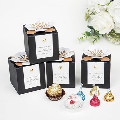 FEIYI 20 PCS Candy Boxes, 3 In 1 Black Favor Boxes with Floral Decor, White Thank You Tags Gift wrapping for Wedding Birthday Baby Shower Decorations Party -2.55x2.55x2.55''
