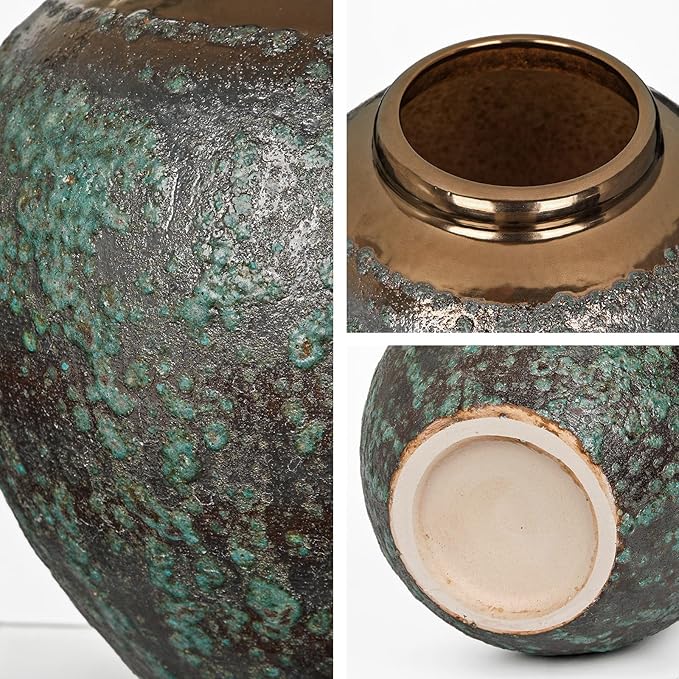 Ceramic Flower Vase, 12" Rustic Farmhouse Flower Vase with Wide Bronze Mounth, Vintage Tall Terracotta Vase for Home Office Resto Café Decoration