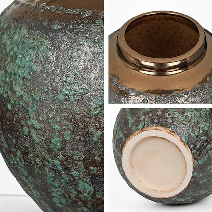 Ceramic Flower Vase, 12" Rustic Farmhouse Flower Vase with Wide Bronze Mounth, Vintage Tall Terracotta Vase for Home Office Resto Café Decoration