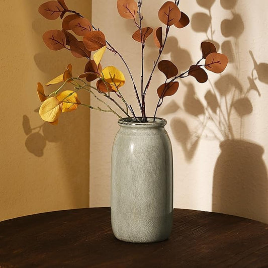 VICTOR & TERESA Rustic Green Vase for Home Decor, Ceramic Vases for Flowers, Modern Farmhouse Decorative Vases for Pampas Grass,Table Accent, Mantel, Living Room,Bookshelf, Centerpieces, 8''