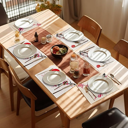 Japanese Cherry Blossom Placemats Set of 6, Linen Table Mats, Woven Table Mats for Dining Room, Washable & Wrinkle Resistant, Farmhouse Kitchen Decor