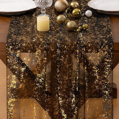 Socomi Gold Black Table Runner Christmas Gauze Sheer Chiffon Cheesecloth Sequin 10FT Glitter Metallic Foil Dining Wedding Birthday Party Fall Winter Anniversary Holiday Centerpiece Table Decor Black