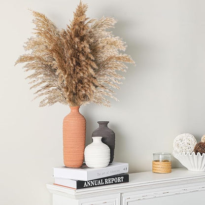 Ceramic Vase Set of 3 Neutral Decorative Vase for Farmhouse, Boho, or Rustic Home Decor Pottery Vases for Pampas Grass Living Room Bedroom Table Mantel Entryway Shelf (01-Brown)
