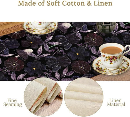 Gothic Floral Table Runner, Dark Purple Vintage Garden Flower Witchy Mushroom Farmhouse Coffee Table Center Decor for Home Kitchen Dining Patio Holiday Party Table Decorations 13x90 inches