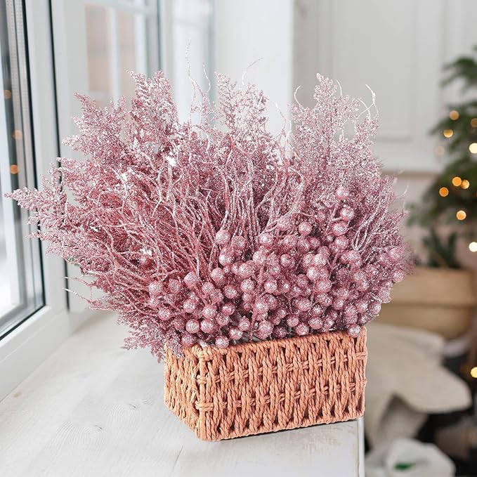 75 Pcs Christmas Glitter Branches 3 Styles Artificial Christmas Picks Berries Stems Pine Needles Floral Twig Spray for Xmas Tree Ornaments DIY Wreath Garland(Pink)
