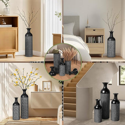 Tall Floor Vase Set of 3, Large Black Metal Vase with Minimalist White Lines & Detachable Vases Mouth, Big Modern Decorative Vases for Living Room,Hallway,Dining Rooms,Office,Kitchen.