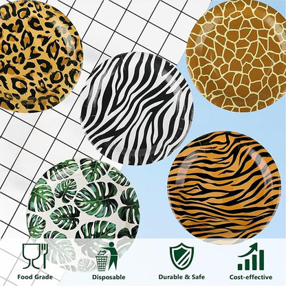 50 PCS Jungle Safari Party Tableware Supplies, Disposable Animal Print 7 Inch Paper Plates, Zebra Giraffe patterns Plates for Jungle Zoo Animal Themed Birthday Party Christmas Decor, Serves 50 Guests