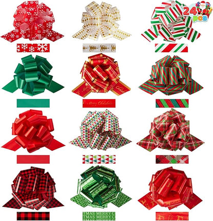 JOYIN 24 PCS Christmas Pull Bows for Gift Wrapping 4.7", Gift Wrap with Ribbon Pull Bows, Easy and Fast Wrapping Accessory for Xmas, Baskets, Wine Bottles, Present, Florist, Bouquet Decoration