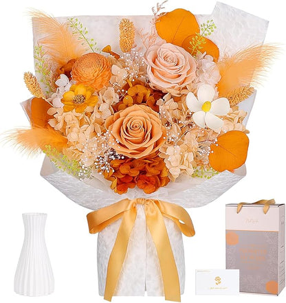 Preserved Flowers Bouquet - Forever Flowers for Delivery, Eternal Roses Bouquet That Last 3 Years, Flower Gifts for Women Mother Mom Girlfriend Wife Anniversary Birthday Present for Her, Light Orange