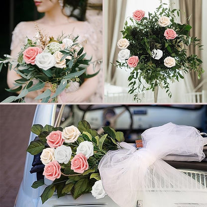 200PCS Artificial Flowers Champagne Mixed Series Roses Real Looking Foam Fake Roses with Leaves for DIY Wedding Bouquets Bridal Shower Centerpieces Party Decorations