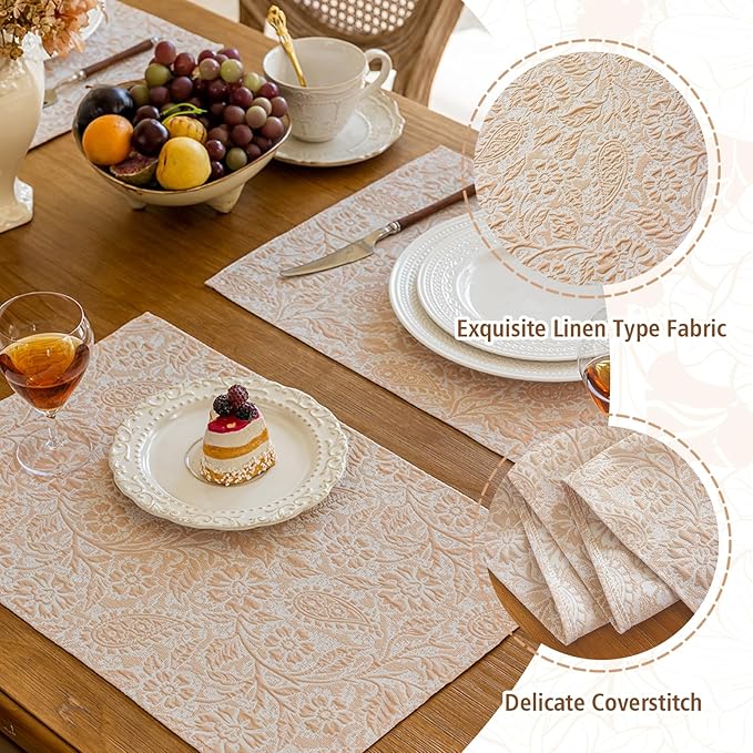 HEAVYWOOD Boho Placemats Set of 4 Cloth Floral Place Mats Paisley Botanical Table Mats for Kitchen Dinning Farmhouse Rustic Washable Tablemats 14x18 Inch (Oatmeal, 6)