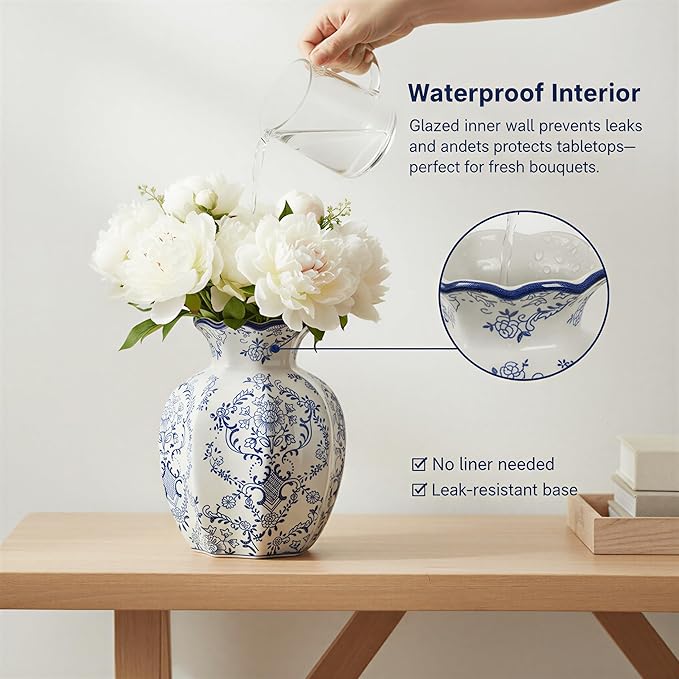 5.9-Inch Blue & White Rustic Vintage Ceramic Vase, Aesthetic Farmhouse Pottery Decor for Living Room, Dining Room, Bookshelf & Office