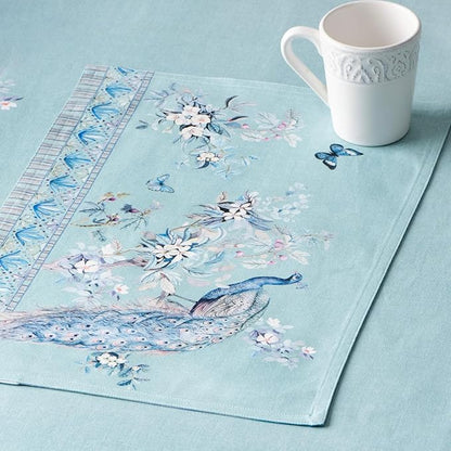 Maison d' Hermine Placemat 100% Combed Cotton Premium Set of 4 Decorative Washable Place Mats Table Cloth Placemat, Dining & Camping - Peacock Utopia - Pastel Turquoise(13"x19")