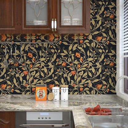 Dark Floral Wallpaper Peel Stick, Vintage Botanical Removable Contact Paper Stick on Cubicle Drawer Cabinet, Self-Adhesive Vinyl Leaf Fruit Wall Paper Black Yellow Gold Orange 17.5In x 9.8Ft