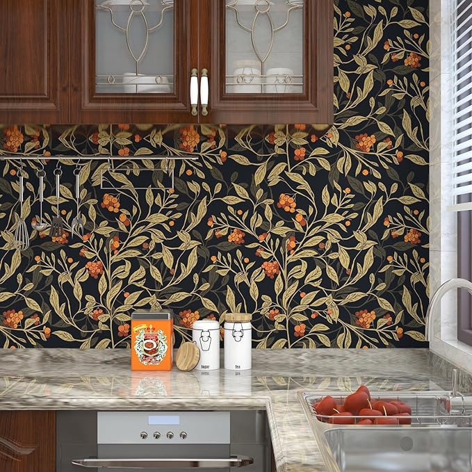 Extra Long Dark Floral Peel and Stick Wallpaper - 17.5In x 32.8Ft Vintage Botanical Self-Adhesive Vinyl Contact Paper for Cubicles Drawers Cabinets Leaf Fruit Pattern Black Yellow Gold Orange