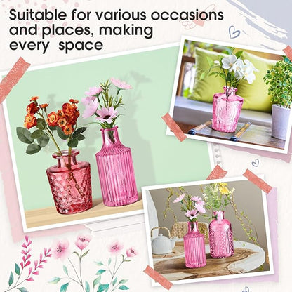 Yaomiao 30 Pcs Vases Bulk Colored Flower Glass Christmas Vases Bud Vintage Colored Glass Bottles Colorful Rustic Embossed for Home Wedding Table Decorations Gifts(Pink Series)