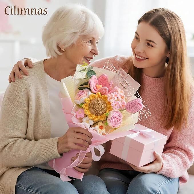 Cilimnas Crochet Flower Bouquet,Pink Knitted Flowers, Handmade Sunflowers Tulips Roses Bouquet for Birthday Anniversary Party Mother's Day Graduation Gifts