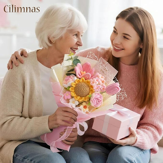Cilimnas Crochet Flower Bouquet,Pink Knitted Flowers, Handmade Sunflowers Tulips Roses Bouquet for Birthday Anniversary Party Mother's Day Graduation Gifts