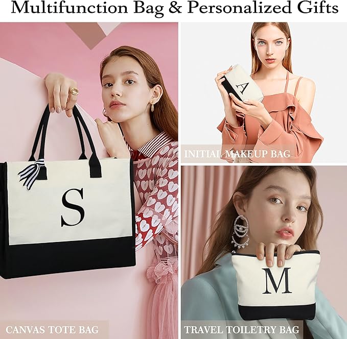 YOOLIFE Christmas Gifts for Women - Initial Canvas Tote Bag & Makeup Bag, Birthday Gifts for Women Mom Sister Friends