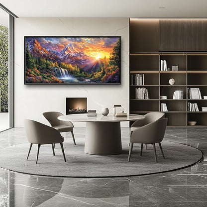 Large Mountain Tree Wall Art for Living Room, Framed Oversized Sunset Waterfall Wall Decor Nature Landscape Canvas Painting Modern Artwork for Living Room Bathroom Bedroom Office Dining Room 60"x30"