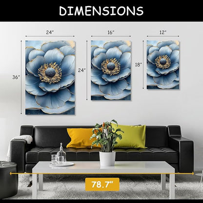 Kewhush Blue Wild Rose Canvas Wall Art, Floral Canvas Prints, Flower Blooming Set of 3 Pictures, Rose Wall Decor, Gold Accent Decor, Modern Artwork for Living Room, Bedroom (16" x 24" x 3 pcs)