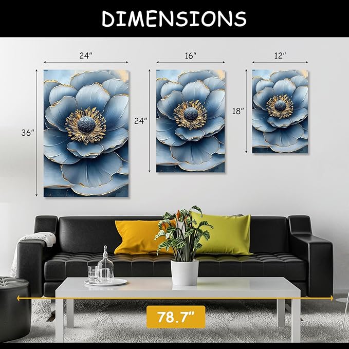 Kewhush Blue Wild Rose Canvas Wall Art, Floral Canvas Prints, Flower Blooming Set of 3 Pictures, Rose Wall Decor, Gold Accent Decor, Modern Artwork for Living Room, Bedroom (24" x 36" x 3 pcs)
