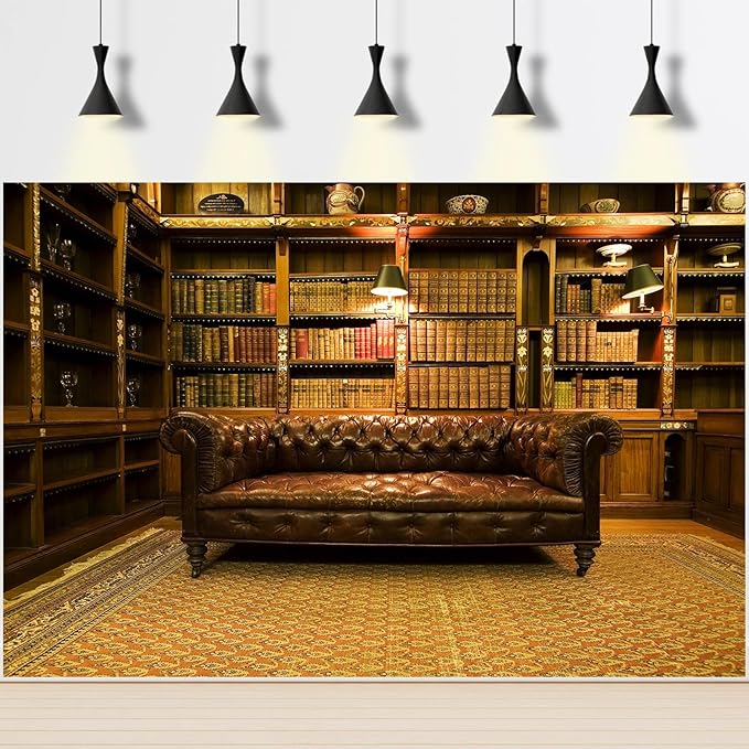 Library Backdrop Vintage Luxury Old School Library Bookshelf Collection Photography Background Business Room with Leather Sofa Book Shelf Wallpaper Decorations for Adult Photos Prop 20x10ft