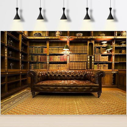 Library Backdrop Vintage Luxury Old School Library Bookshelf Collection Photography Background Business Room with Leather Sofa Book Shelf Wallpaper Decorations for Adult Photos Prop 20x10ft