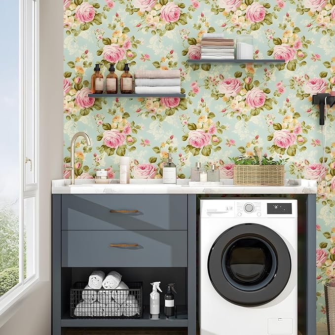 Blue Rose Wallpaper Peel and Stick Boho Wallpaper 17.5in x 32.8ft Vintage Floral Contact Paper Vinyl Self Adhesive Removable Modern Floral Wall Paper for Bedroom Shelf Liner Cabinet Decor