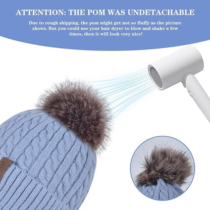FENELY Women's Knitted Warm Beanie Winter Hat, Warm Chunky Snow Hat with Pompom