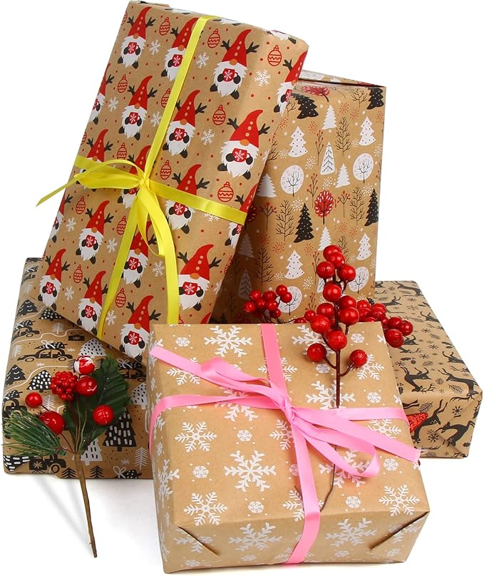 KIMOBER 5 Rolls Christmas Wrapping Paper,Brown Kraft Paper with Xmas Elements and Cut Lines on Reverse(17in × 118in Per Roll)